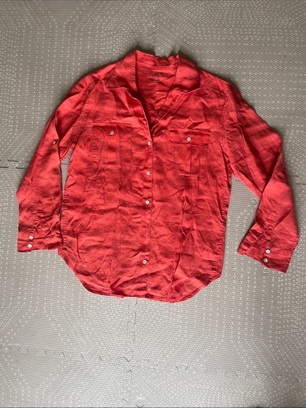 100% Linen Tangerine Button-Front Long-Sleeve Blouse